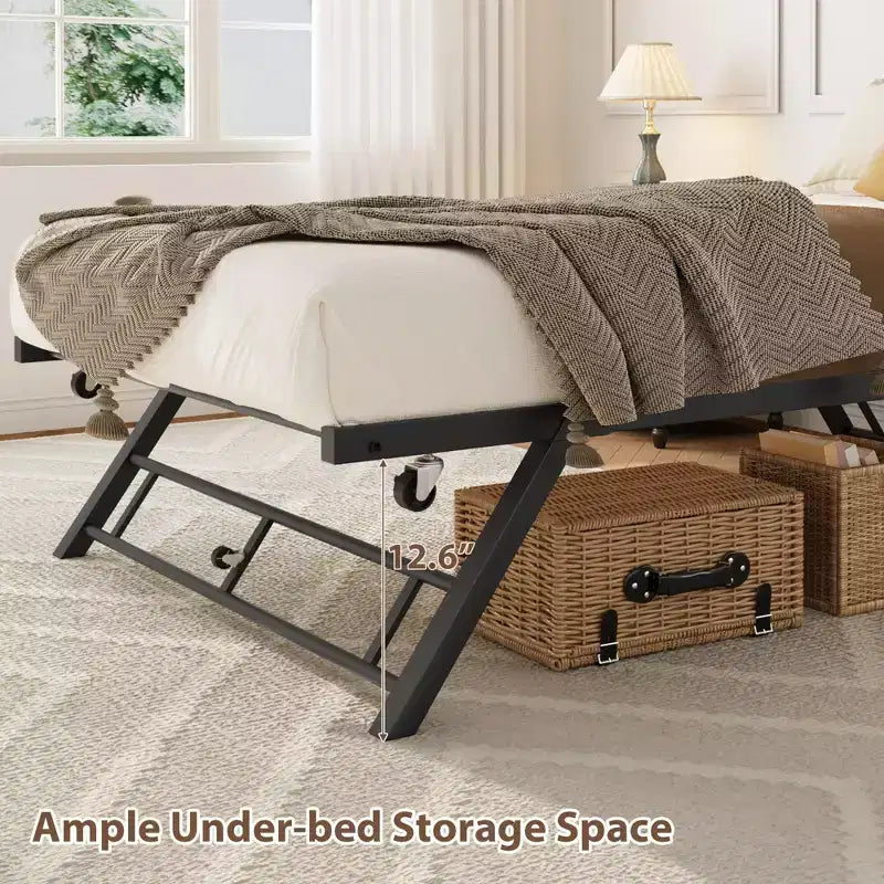 Twin Trundle Bed Frame - Pop Up Metal Platform with Lockable Casters, Foldable Design for Guest Rooms & Sleepovers