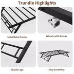 Twin Trundle Bed Frame - Pop Up Metal Platform with Lockable Casters, Foldable Design for Guest Rooms & Sleepovers
