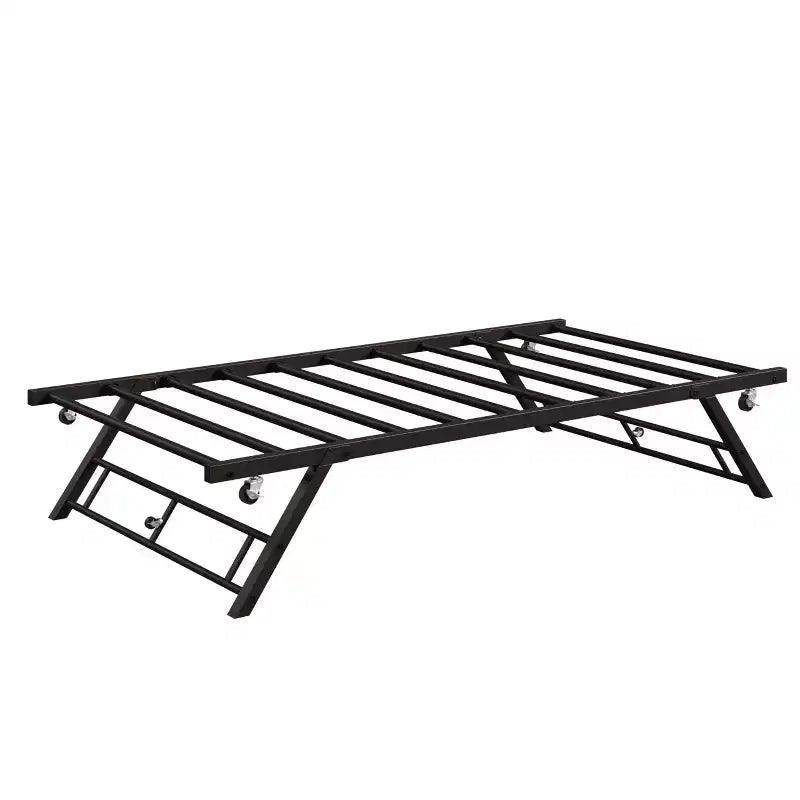 Twin Trundle Bed Frame - Pop Up Metal Platform with Lockable Casters, Foldable Design for Guest Rooms & Sleepovers