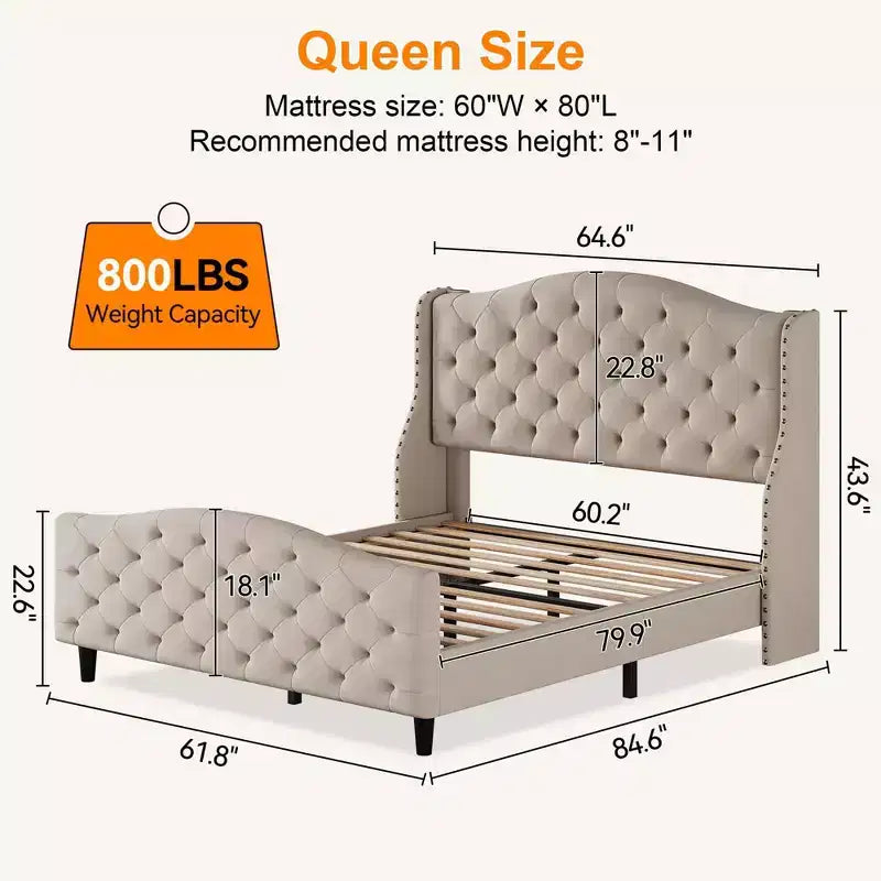 Letto Matrimoniale Imbottito in Velluto con Testiera a Onde e Doghe in Legno - Nessuna Rete a Molle Necessaria, Beige