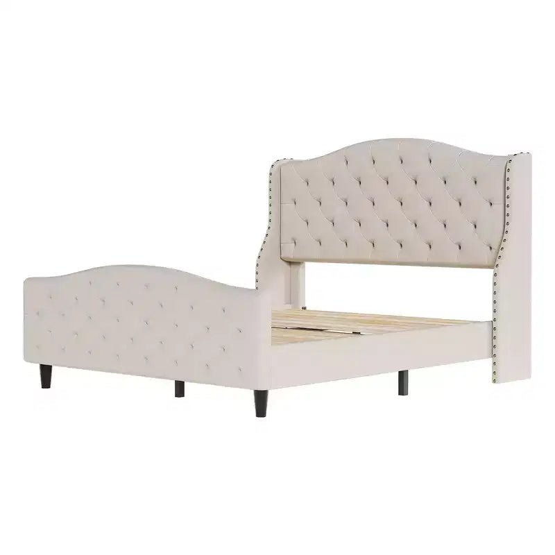 Letto Matrimoniale Imbottito in Velluto con Testiera a Onde e Doghe in Legno - Nessuna Rete a Molle Necessaria, Beige