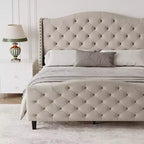 Letto Matrimoniale Imbottito in Velluto con Testiera a Onde e Doghe in Legno - Nessuna Rete a Molle Necessaria, Beige