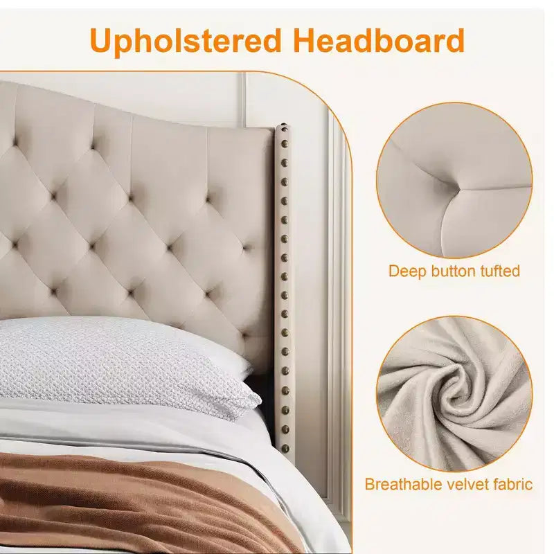 Letto Matrimoniale Imbottito in Velluto con Testiera a Onde e Doghe in Legno - Nessuna Rete a Molle Necessaria, Beige