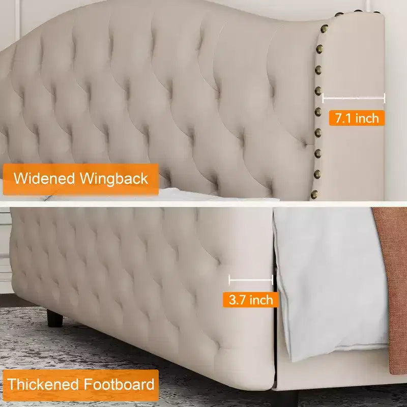 Letto Matrimoniale Imbottito in Velluto con Testiera a Onde e Doghe in Legno - Nessuna Rete a Molle Necessaria, Beige