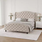 Letto Matrimoniale Imbottito in Velluto con Testiera a Onde e Doghe in Legno - Nessuna Rete a Molle Necessaria, Beige
