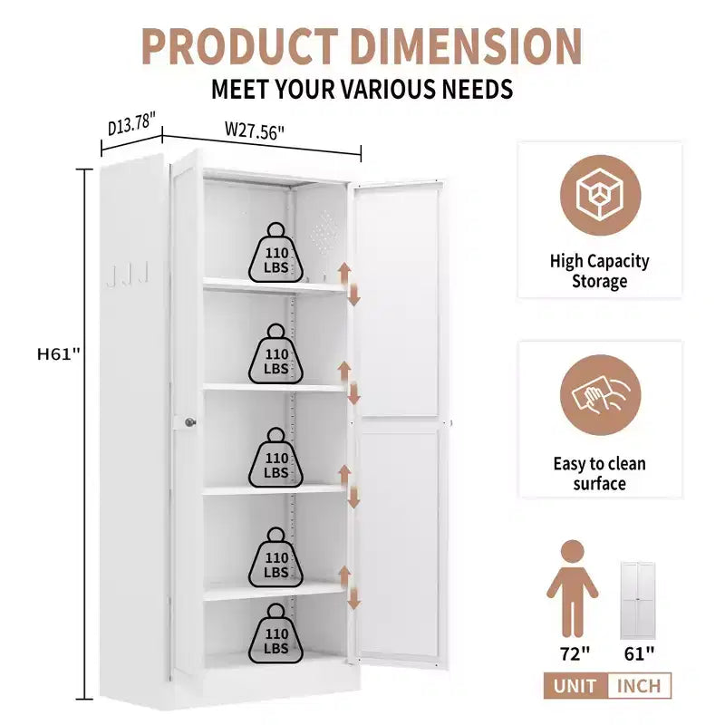 Okak 61 Armadio da dispensa da cucina autoportante, mobile contenitore regolabile con 4 ripiani, armadietto in metallo resistente per sala da pranzo/soggiorno