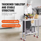 VEVOR Stainless Steel Work Table 30 x 12 x 34 Inch, 700 LBS Load Capacity with 4 Wheels, 3 Adjustable Height Levels, Silver