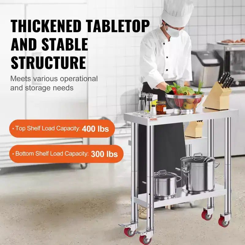 VEVOR Stainless Steel Work Table 30 x 12 x 34 Inch, 700 LBS Load Capacity with 4 Wheels, 3 Adjustable Height Levels, Silver