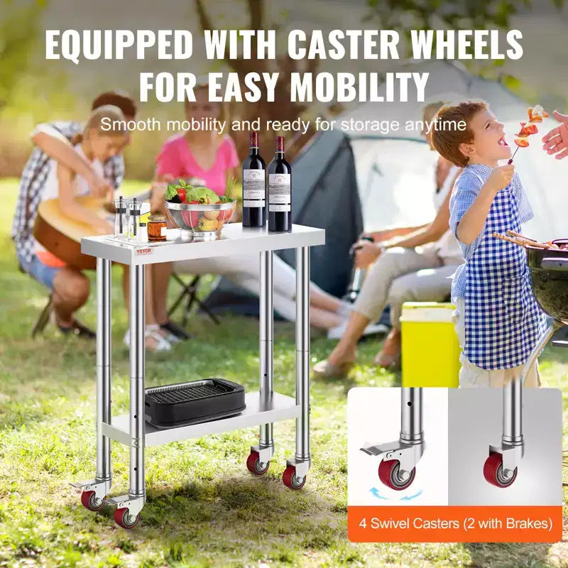 VEVOR Stainless Steel Work Table 30 x 12 x 34 Inch, 700 LBS Load Capacity with 4 Wheels, 3 Adjustable Height Levels, Silver