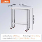 VEVOR Stainless Steel Work Table 30 x 12 x 34 Inch, 700 LBS Load Capacity with 4 Wheels, 3 Adjustable Height Levels, Silver