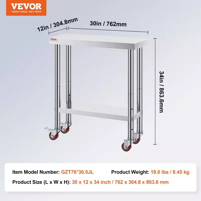VEVOR Stainless Steel Work Table 30 x 12 x 34 Inch, 700 LBS Load Capacity with 4 Wheels, 3 Adjustable Height Levels, Silver