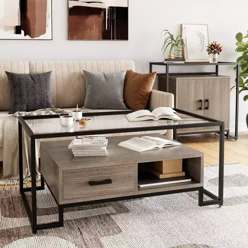 Rectangular Glass Coffee Table with 2 Drawers & Storage Shelf  Vintage Center Table for Living Room