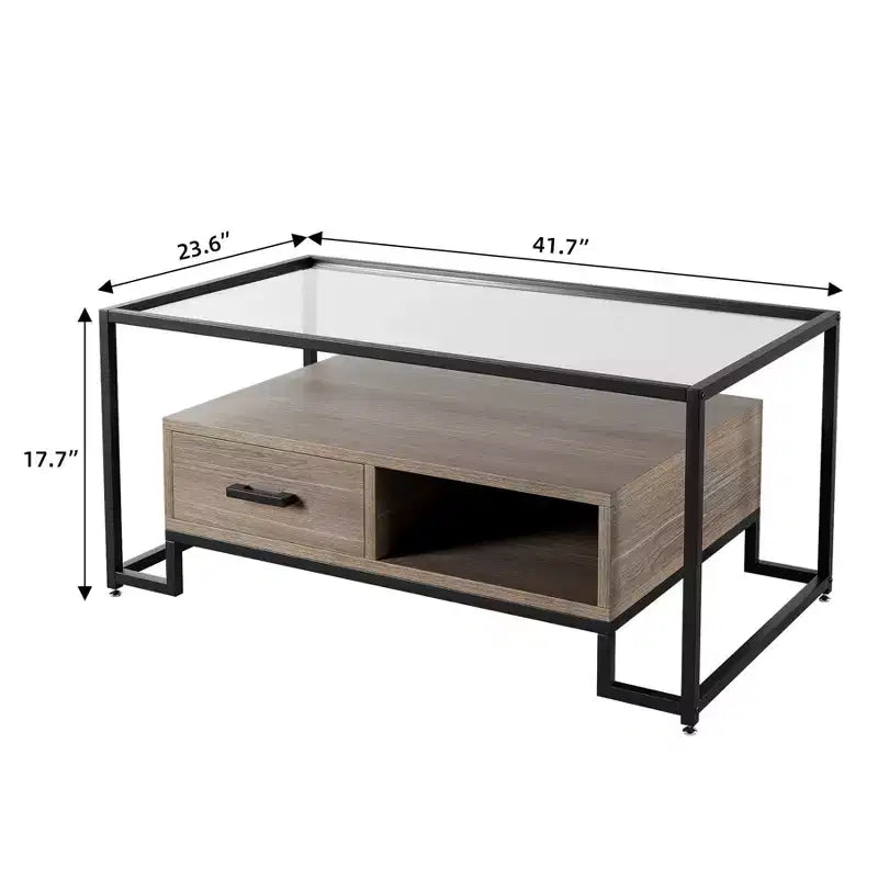 Rectangular Glass Coffee Table with 2 Drawers & Storage Shelf  Vintage Center Table for Living Room