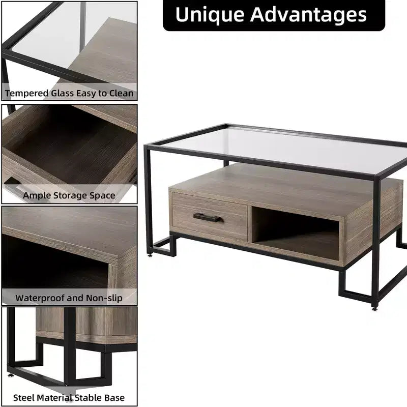 Rectangular Glass Coffee Table with 2 Drawers & Storage Shelf  Vintage Center Table for Living Room