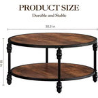 COZONY Round 2-Tier Rustic Coffee Table with Wood Top & Sturdy Roman Column Metal Legs, Easy Assembly Living Room Center Table