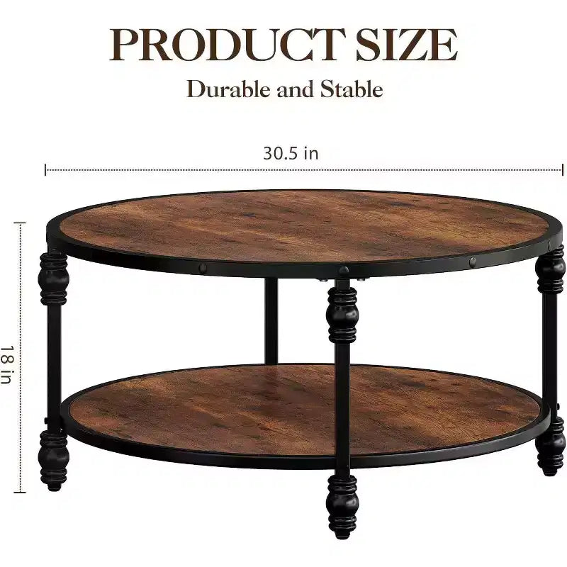 COZONY Round 2-Tier Rustic Coffee Table with Wood Top & Sturdy Roman Column Metal Legs, Easy Assembly Living Room Center Table