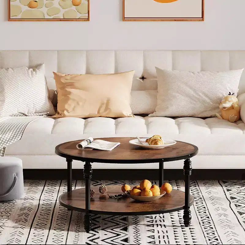 COZONY Round 2-Tier Rustic Coffee Table with Wood Top & Sturdy Roman Column Metal Legs, Easy Assembly Living Room Center Table