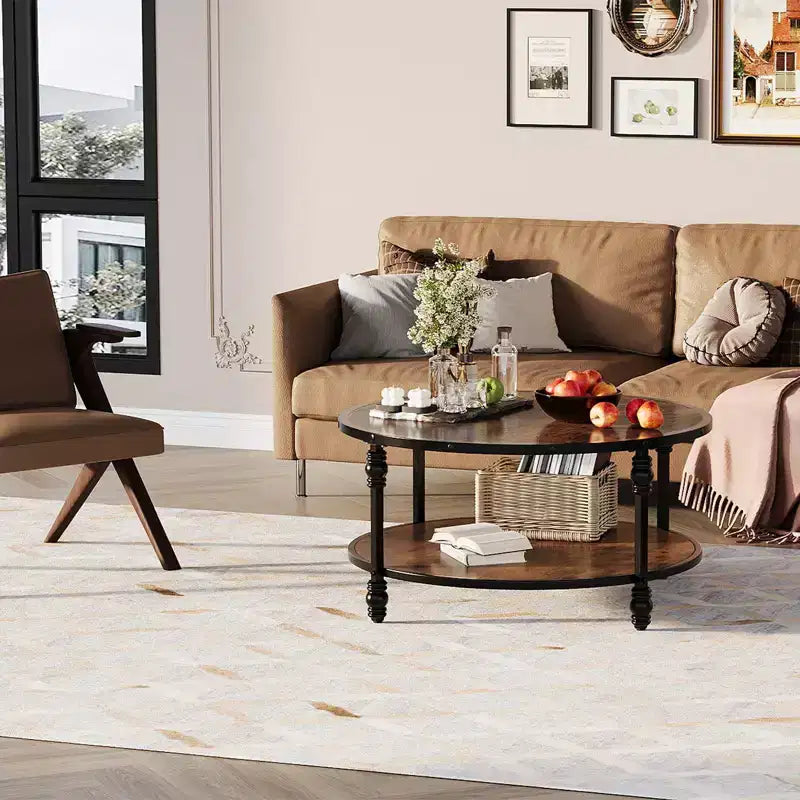 COZONY Round 2-Tier Rustic Coffee Table with Wood Top & Sturdy Roman Column Metal Legs, Easy Assembly Living Room Center Table