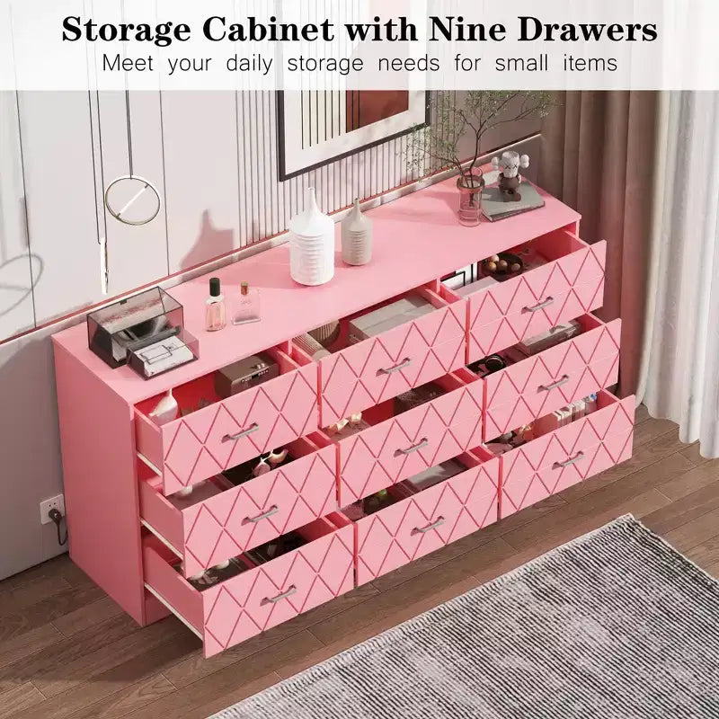 9 Drawer Dressers, Modern Large Dresser for Bedroom Organize, Wooden Long Dresser with 9 Drawers, Storage Chest of Drawers for Bedroom, Living Room