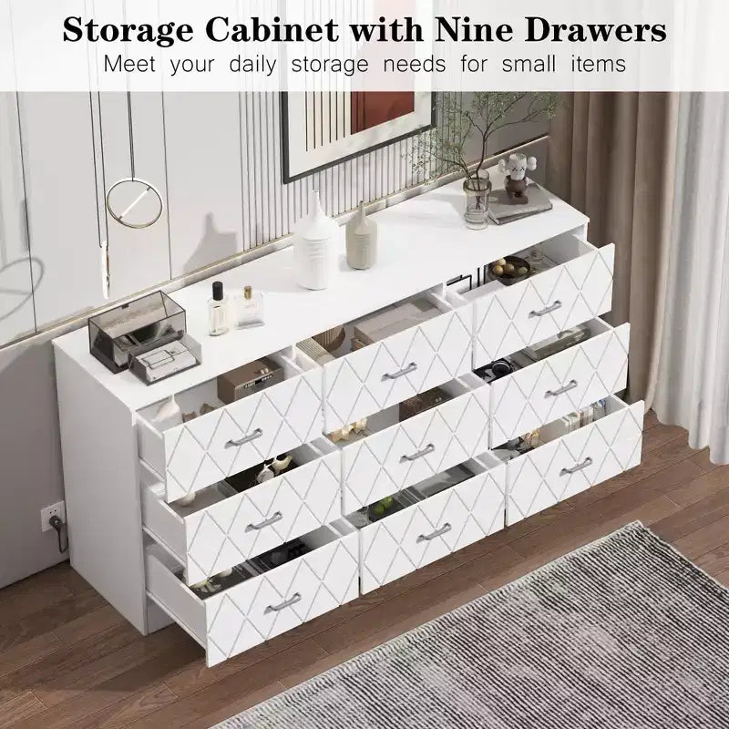 9 Drawer Dressers, Modern Large Dresser for Bedroom Organize, Wooden Long Dresser with 9 Drawers, Storage Chest of Drawers for Bedroom, Living Room