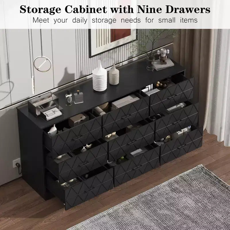 9 Drawer Dressers, Modern Large Dresser for Bedroom Organize, Wooden Long Dresser with 9 Drawers, Storage Chest of Drawers for Bedroom, Living Room