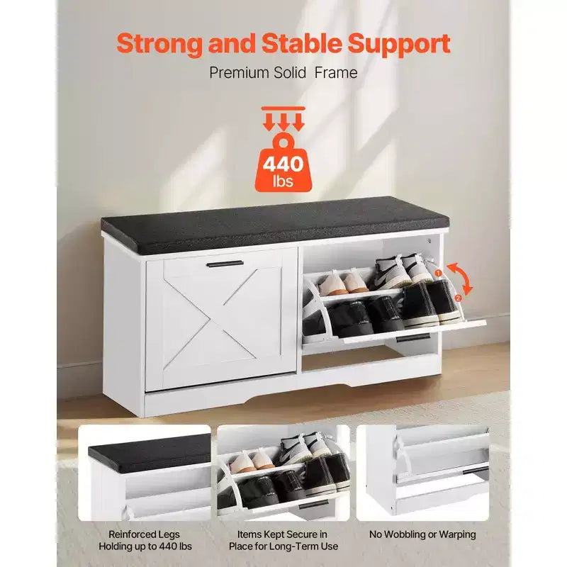 VEVOR Entryway Shoe Storage Bench, 39.4 x 12.0 x 18.7 Inch Shoe Organizer with Flip Drawers, 440lbs Narrow Shoes Rack Bench, Black + White