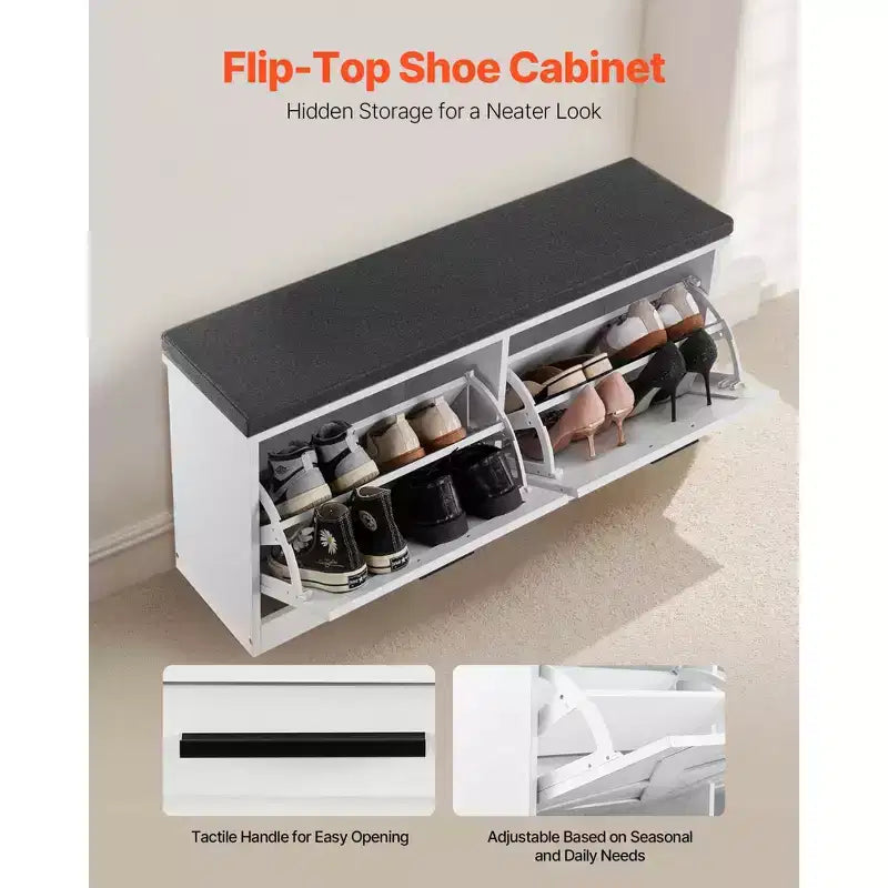 VEVOR Entryway Shoe Storage Bench, 39.4 x 12.0 x 18.7 Inch Shoe Organizer with Flip Drawers, 440lbs Narrow Shoes Rack Bench, Black + White