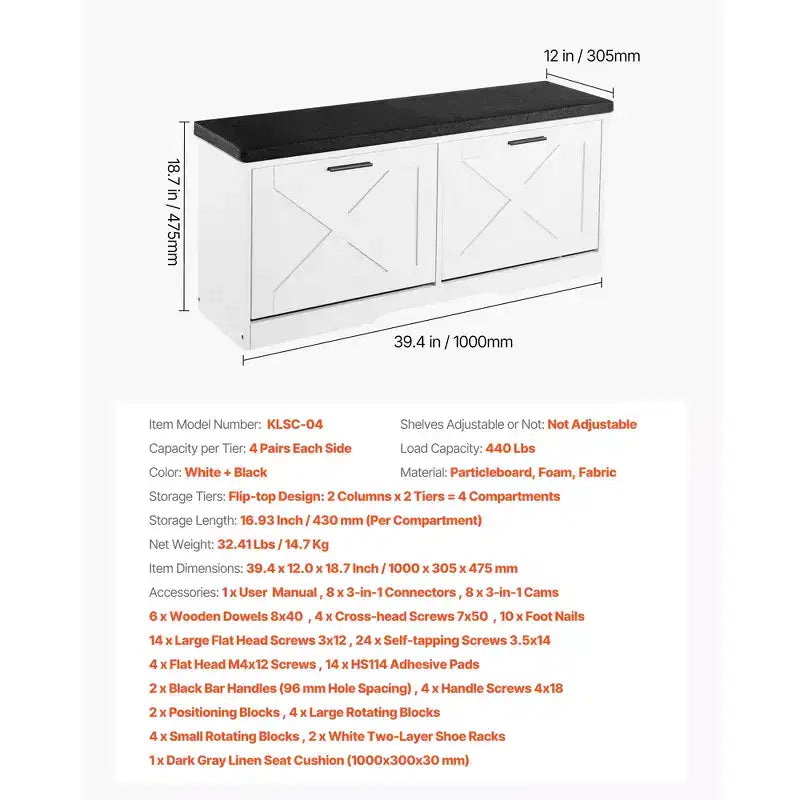 VEVOR Entryway Shoe Storage Bench, 39.4 x 12.0 x 18.7 Inch Shoe Organizer with Flip Drawers, 440lbs Narrow Shoes Rack Bench, Black + White