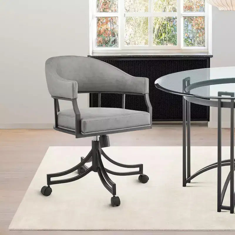 Armen Living,Tibet Swivel Rolling Dining Chair with Matte Black Iron