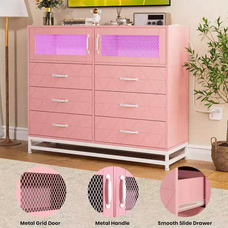 Acekool 8 Drawer Dresser with Cabinet for Bedroom, Tall Storage Chest with Charging Station, Storage Organizer for Living Room, Hallway, Closet