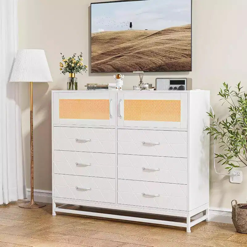 Acekool 8 Drawer Dresser with Cabinet for Bedroom, Tall Storage Chest with Charging Station, Storage Organizer for Living Room, Hallway, Closet