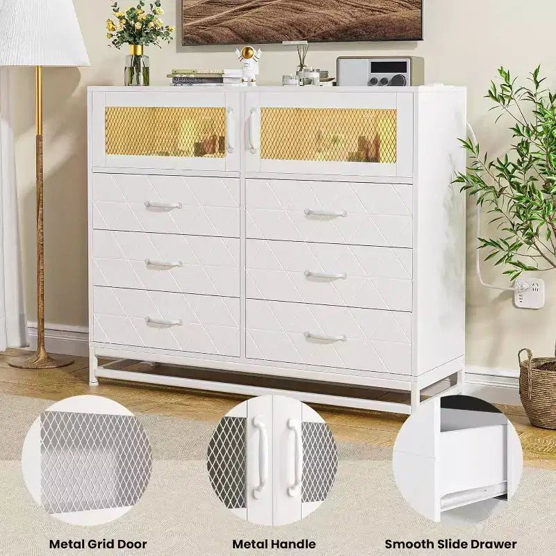 Acekool 8 Drawer Dresser with Cabinet for Bedroom, Tall Storage Chest with Charging Station, Storage Organizer for Living Room, Hallway, Closet