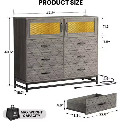 Acekool 8 Drawer Dresser with Cabinet for Bedroom, Tall Storage Chest with Charging Station, Storage Organizer for Living Room, Hallway, Closet