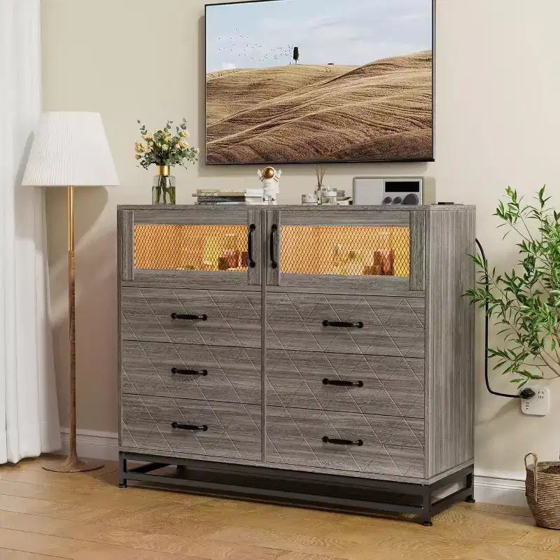Acekool 8 Drawer Dresser with Cabinet for Bedroom, Tall Storage Chest with Charging Station, Storage Organizer for Living Room, Hallway, Closet