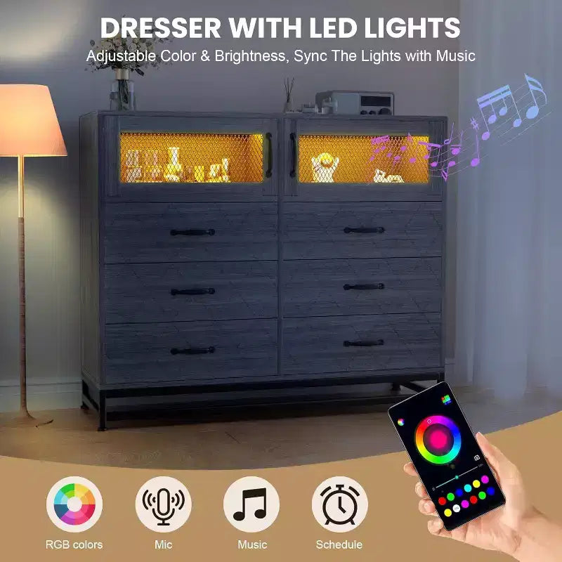 Acekool 8 Drawer Dresser with Cabinet for Bedroom, Tall Storage Chest with Charging Station, Storage Organizer for Living Room, Hallway, Closet