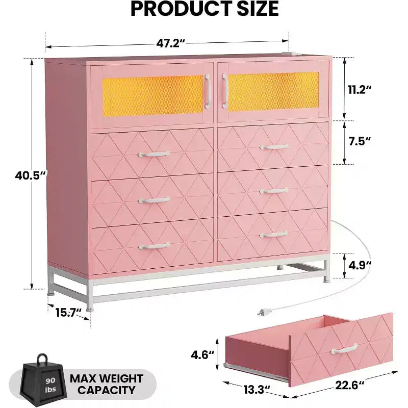 Acekool 8 Drawer Dresser with Cabinet for Bedroom, Tall Storage Chest with Charging Station, Storage Organizer for Living Room, Hallway, Closet