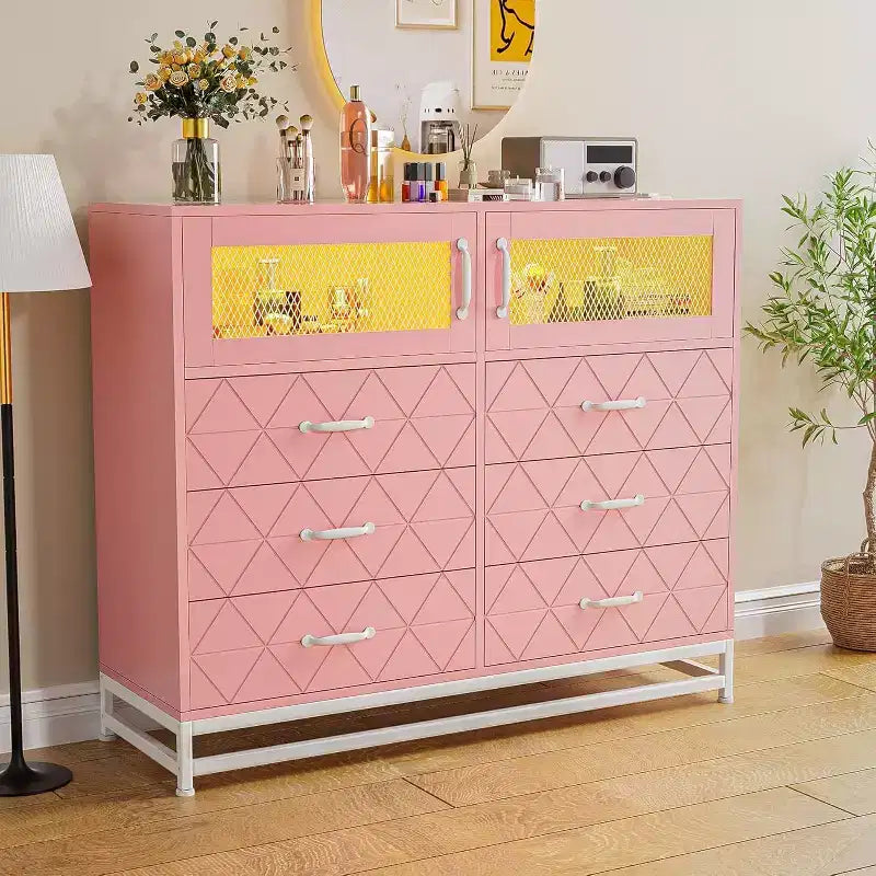 Acekool 8 Drawer Dresser with Cabinet for Bedroom, Tall Storage Chest with Charging Station, Storage Organizer for Living Room, Hallway, Closet