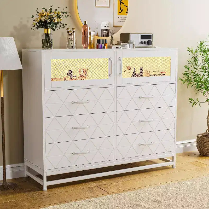 Acekool 8 Drawer Dresser with Cabinet for Bedroom, Tall Storage Chest with Charging Station, Storage Organizer for Living Room, Hallway, Closet