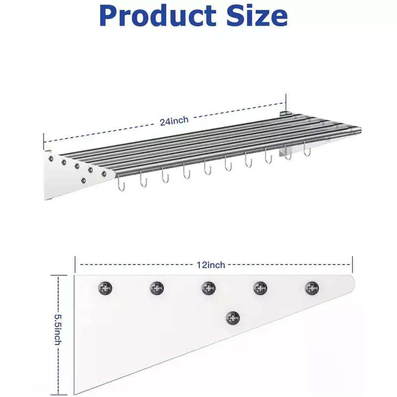 NSF Certified Stainless Steel Wall Mount Shelf, Metal Kitchen Rack with 10 S Hooks for Convenient Storage and Organization of Pots, Pans