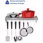 NSF Certified Stainless Steel Wall Mount Shelf, Metal Kitchen Rack with 10 S Hooks for Convenient Storage and Organization of Pots, Pans