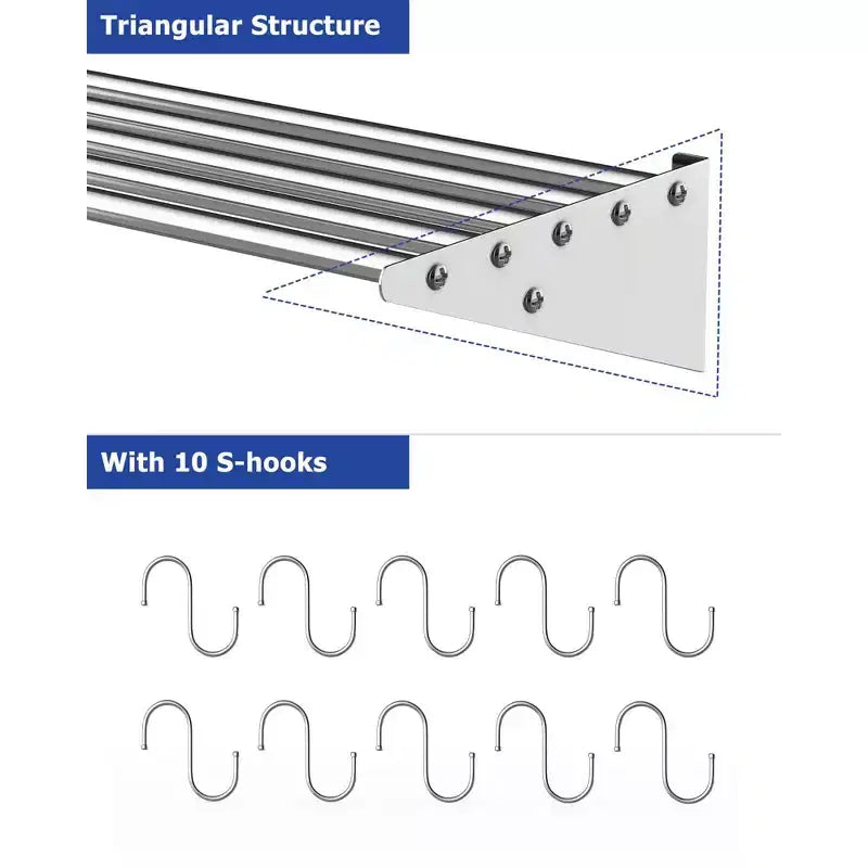 NSF Certified Stainless Steel Wall Mount Shelf, Metal Kitchen Rack with 10 S Hooks for Convenient Storage and Organization of Pots, Pans