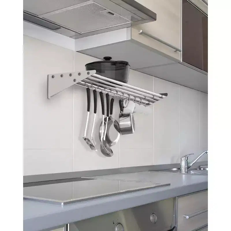 NSF Certified Stainless Steel Wall Mount Shelf, Metal Kitchen Rack with 10 S Hooks for Convenient Storage and Organization of Pots, Pans