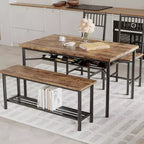 4-Piece Industrial Dining Set - Table, 2 Chairs & Bench with Metal Frame and Storage Rack for Small Spaces