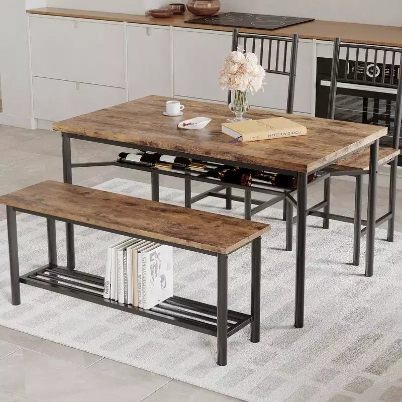 4-Piece Industrial Dining Set - Table, 2 Chairs & Bench with Metal Frame and Storage Rack for Small Spaces