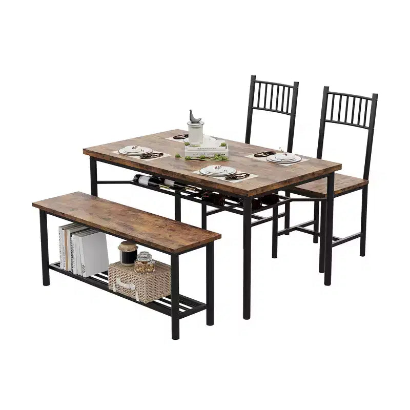 4-Piece Industrial Dining Set - Table, 2 Chairs & Bench with Metal Frame and Storage Rack for Small Spaces
