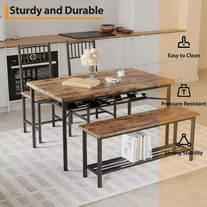 4-Piece Industrial Dining Set - Table, 2 Chairs & Bench with Metal Frame and Storage Rack for Small Spaces