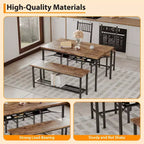 4-Piece Industrial Dining Set - Table, 2 Chairs & Bench with Metal Frame and Storage Rack for Small Spaces