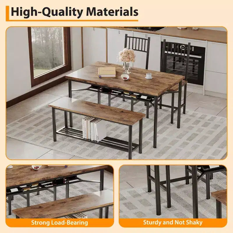4-Piece Industrial Dining Set - Table, 2 Chairs & Bench with Metal Frame and Storage Rack for Small Spaces