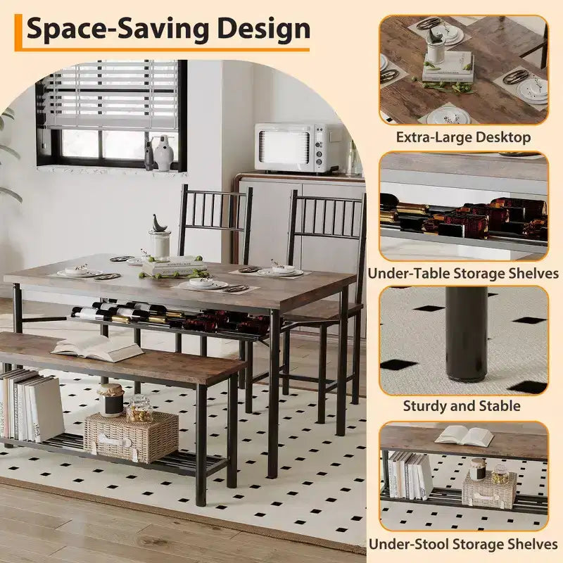 4-Piece Industrial Dining Set - Table, 2 Chairs & Bench with Metal Frame and Storage Rack for Small Spaces