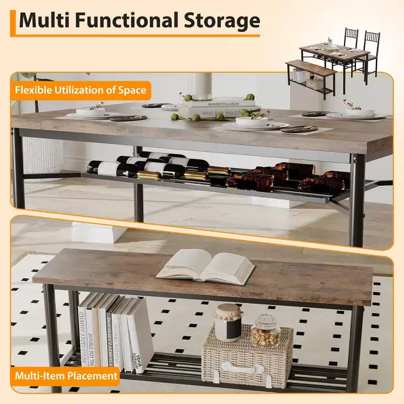 4-Piece Industrial Dining Set - Table, 2 Chairs & Bench with Metal Frame and Storage Rack for Small Spaces